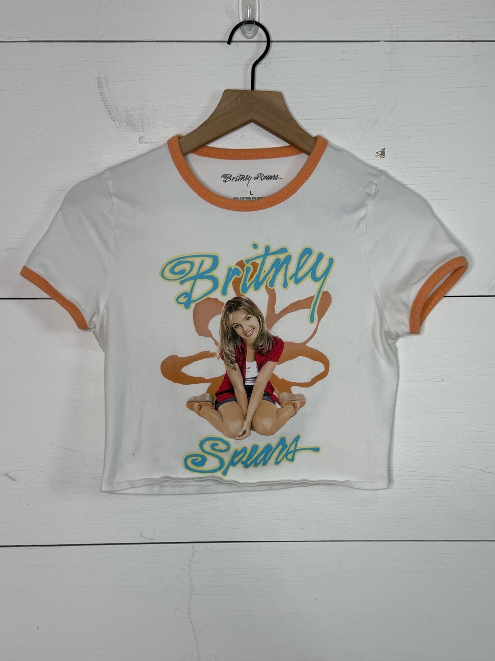 Britney Spears • White & Orange Ringer Graphic Crop Tee Size Large